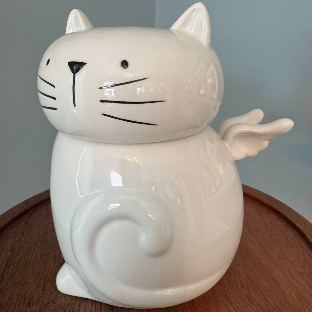 Whimsical Cat with Angel Wings Cookie / Treat Jar - White